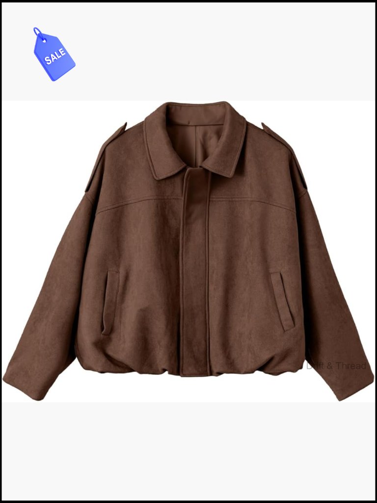 Faux Suede Bomber Jacket Cropped Zip Up Long Sleeve Casual Outerwear With